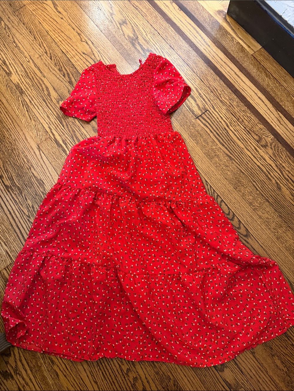 Red Floral Maxi Dress with Smocked Bodice